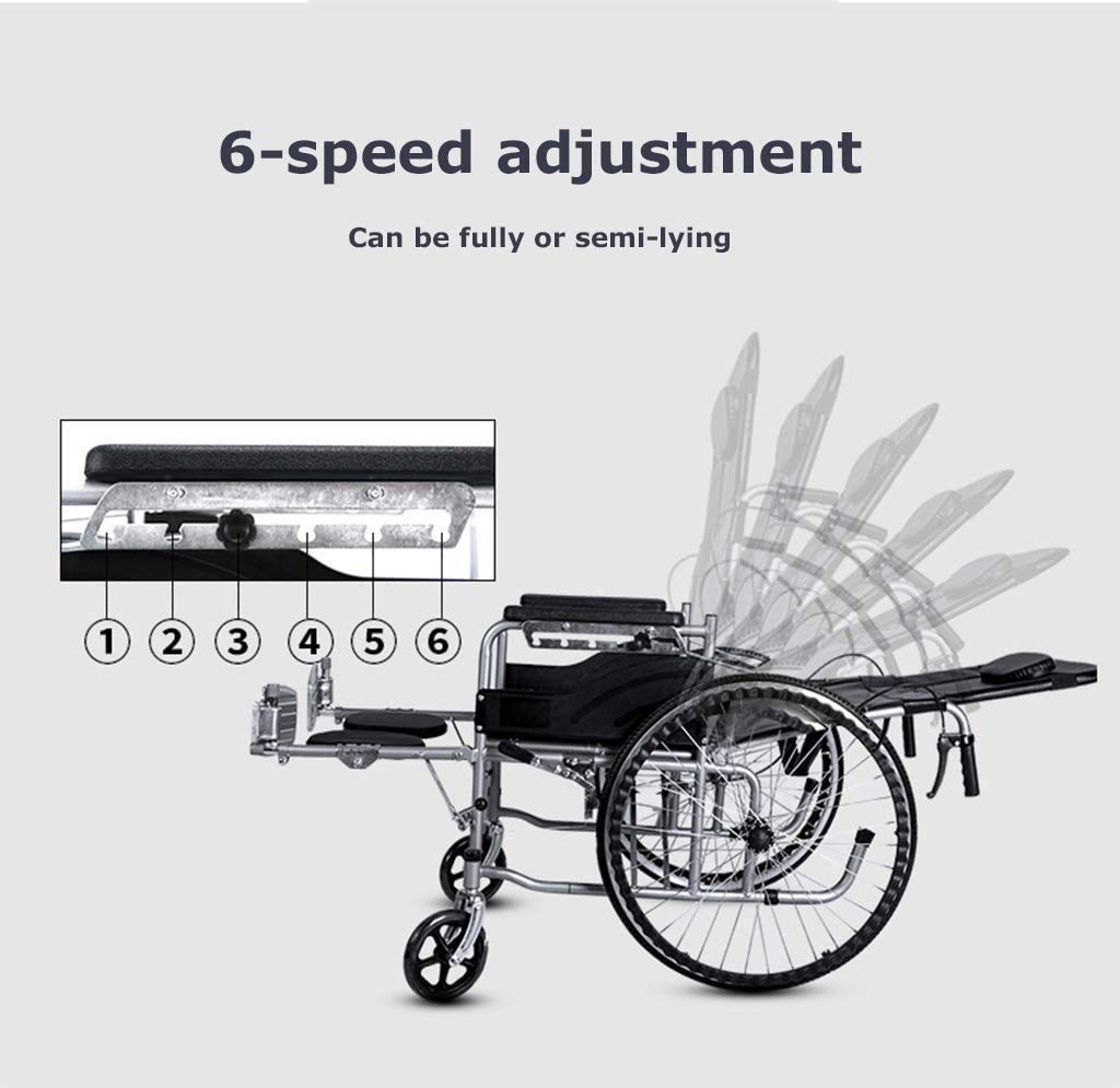 Silla de ruedas plegable liviana, reclinable ajustable en 6 posiciones, cómodo respaldo plegable con brazo y pata de elevación, freno de mano doble de acero con alto contenido de carb