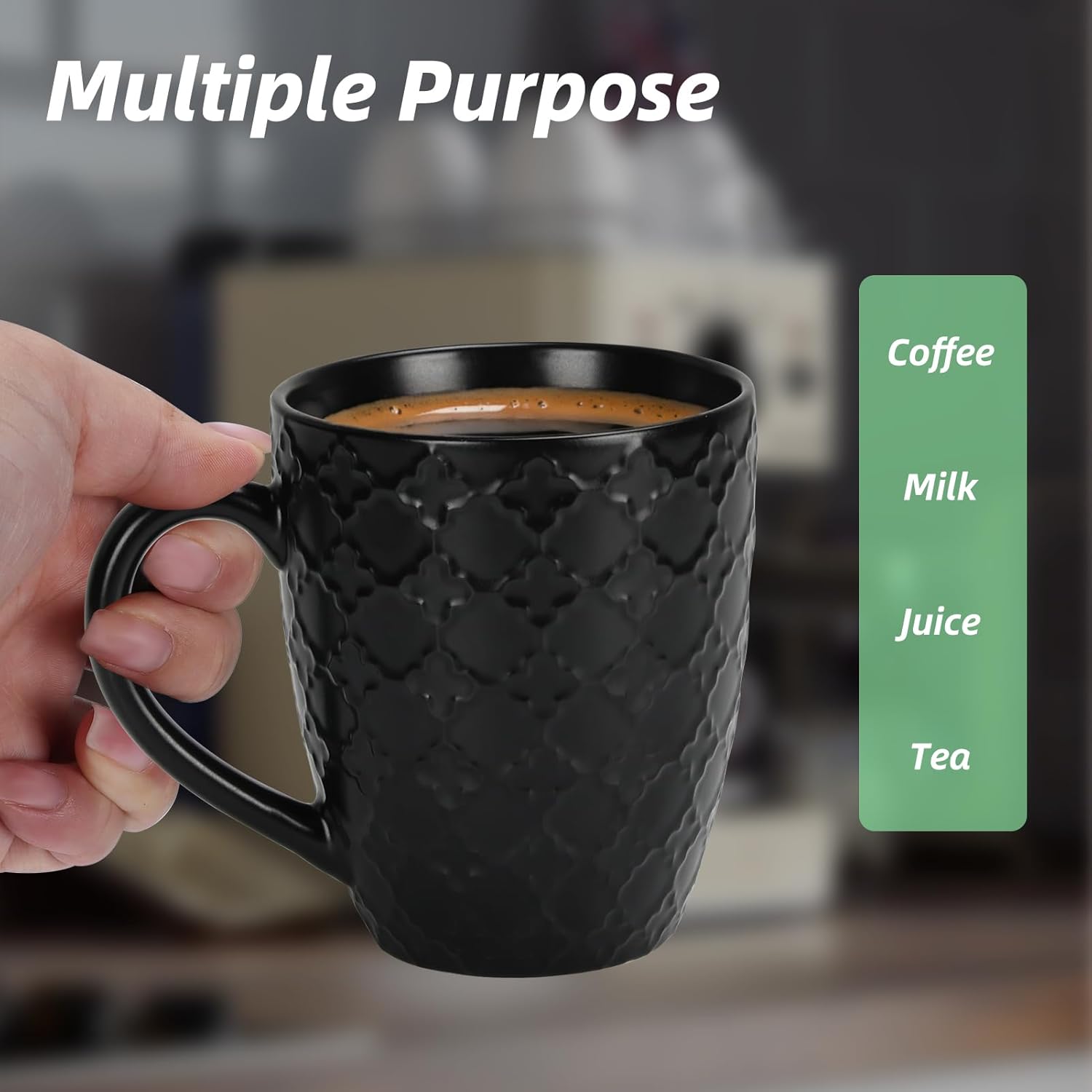 16 OZ Bone Coffee Mugs Set of 6 Matte Black, Large Ceramic Coffee Mugs Set with Different Texture Patterns, Porcelain Cups with Handle for Espresso Latte Tea Milk - Image 6