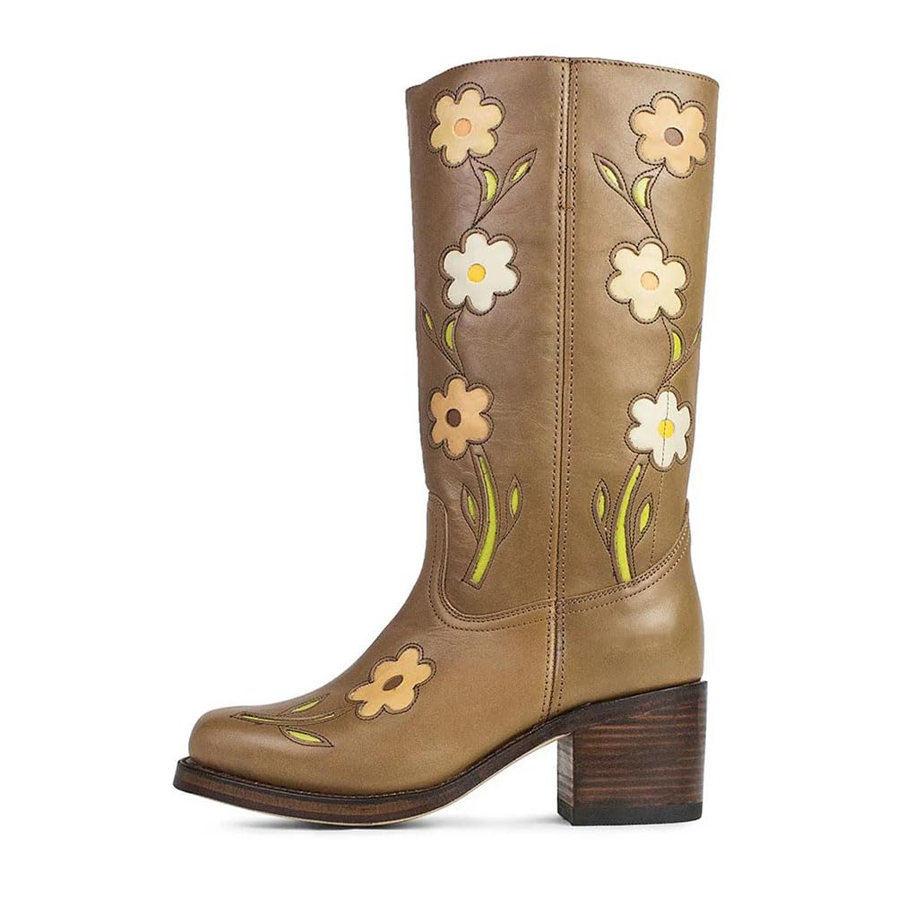 Flower Knee High Boots for Women Square Toe Chunky Heel Pull on Fall Long Tall Cowboy Cowgirl Western