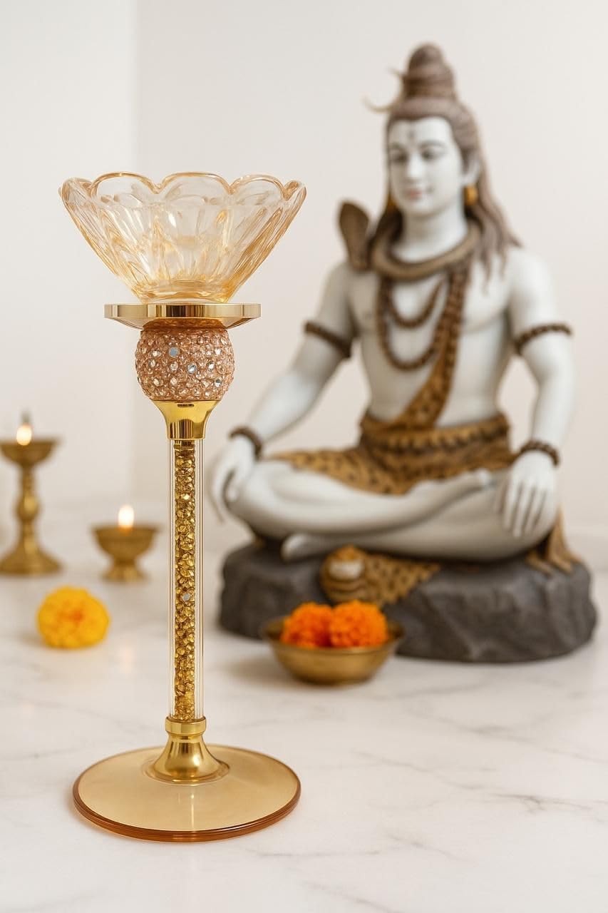 Luxury Gold Candle Stand Holder with Crystal Lotus Bowl | Decorative Metal Candle Holder for Home Décor, Pooja, Festival & Table Centerpiece (Crystal Glass Diya Stand)-image-1
