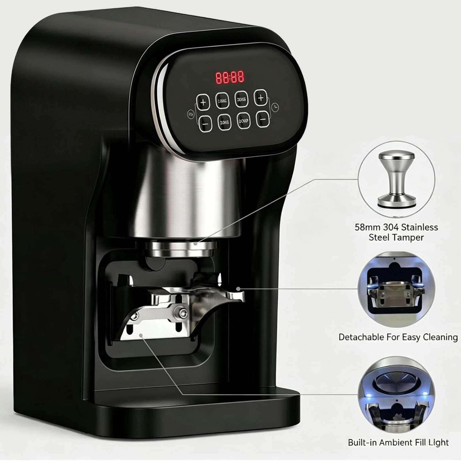 Elektryczny ubijak do kawy, zagęszczacz do kawy espresso 58 mm, ciśnienie 10-30 kg do kawiarni i domu, automatyczne urządzenie do ubijania kawy (Black)