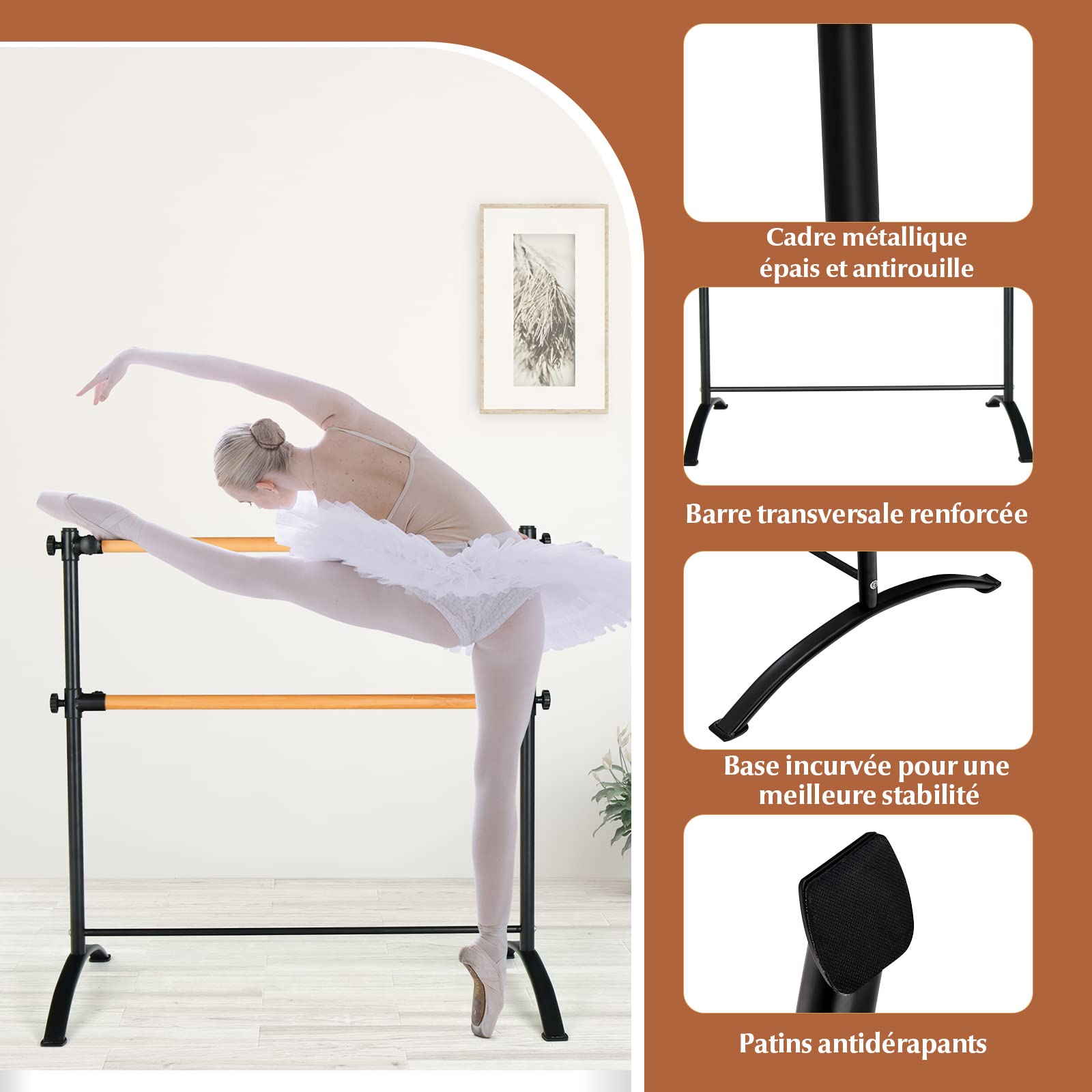 COSTWAY Barre de Danse Classique Double Autoportante pour Enfants Adultes, Barre de Ballet sur Pied 120 cm Hauteur Réglable Ø 38 mm en Bois de Hêtre Pose Libre pour Yoga, Exercice