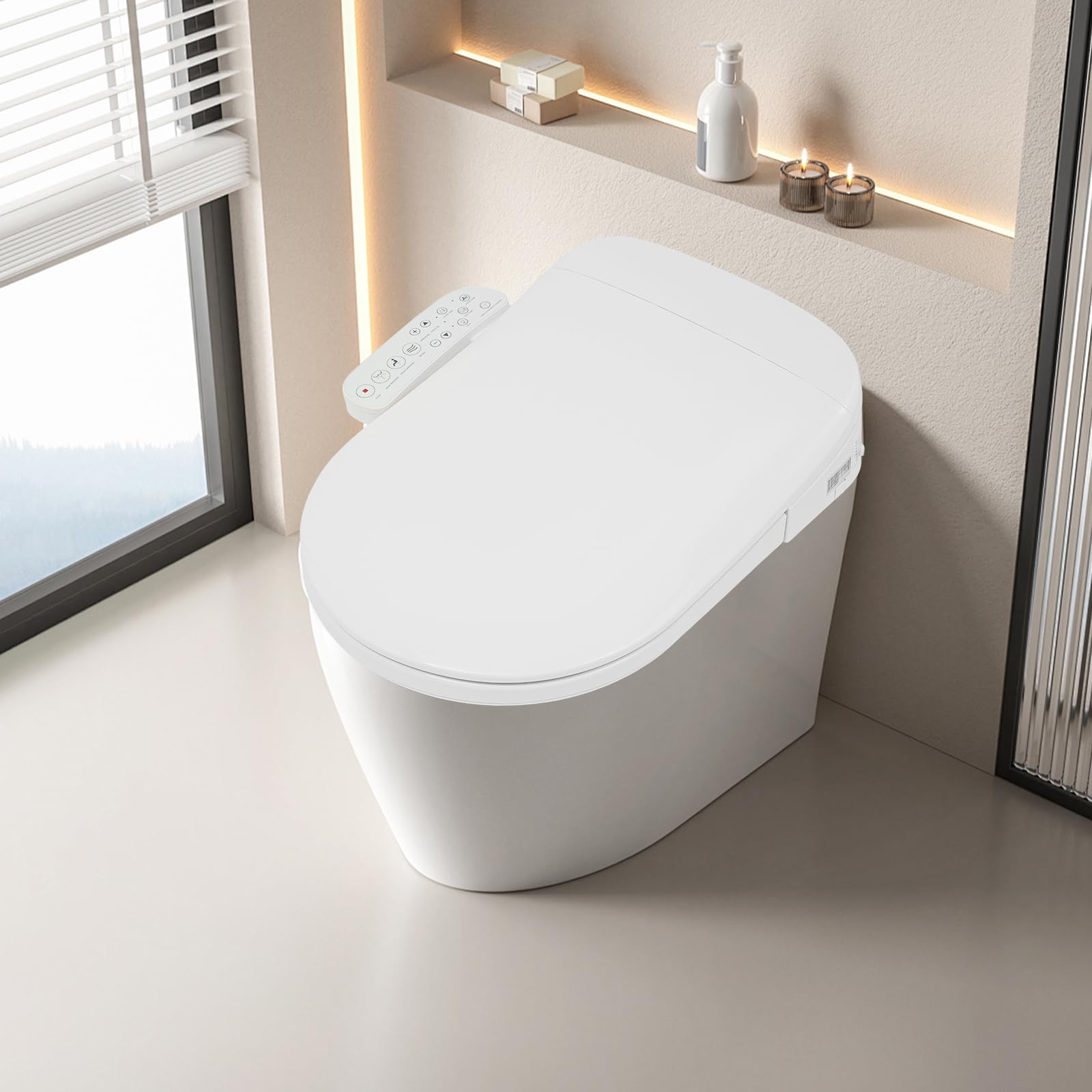Asiento de Inodoro Inteligente, Tapa con Calefacción y Ducha, Mando Digital, Blanco, para Baño, Hotel, Uso Público y Privado, 220V EU