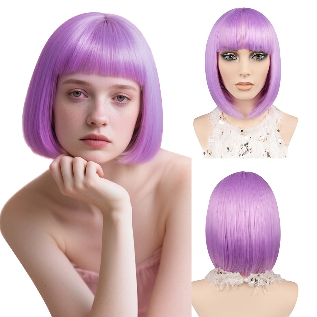 Short Bob Wig with Bangs Purple 12Inch Synthetic Straight Colourful Bob Wig for Women Girls Cosplay Christmas Halloween Party 160g Heat Resistant Fiber Hair Fashion Looking (Light Purple)