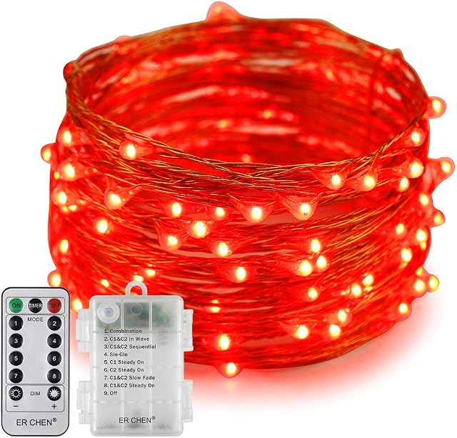 Erchen Battery Operated LED String Lights, Dimmable 33 FT 100 LED Ultra Thin Waterproof 8 Modes Timer Copper Wire Fairy Lights with 13 Key Remote Control for Indoor Outdoor Christmas Party (Red)