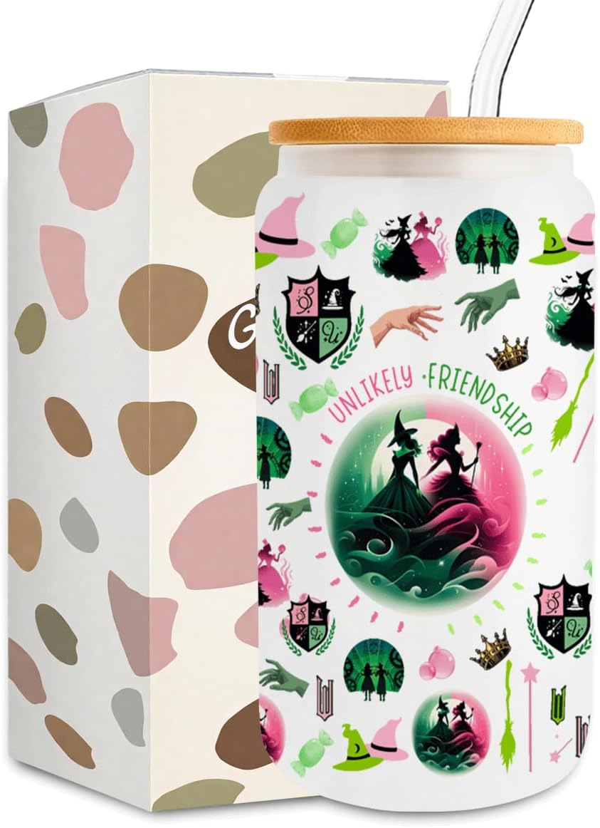 Witch Merch, Broadway Musical, Witch Gifts for Teen Girls, Women, Elphaba And Glinda Fans, Movie Lovers, Witch Merchandise, Unlikely Friendships, 16 oz Iced Coffee Glass Cup with Lid Straw