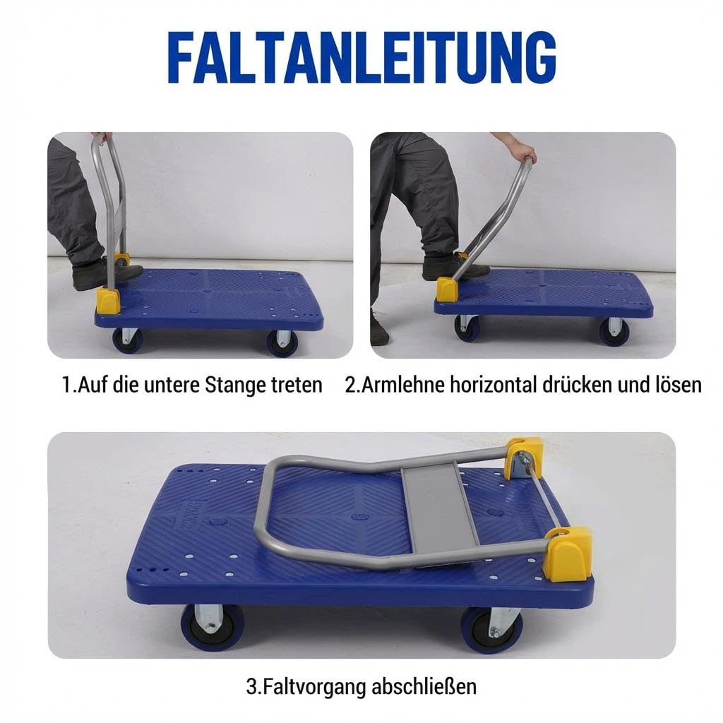 GarveeTech Plattformwagen Klappbar 600kg, 89x59cm Schwerlast Transportwagen | 360° Leichtlaufrollen, rutschfeste Oberfläche, für Lager & Werkstatt, ergonomischer Griff, platzsparend, stabil, robust