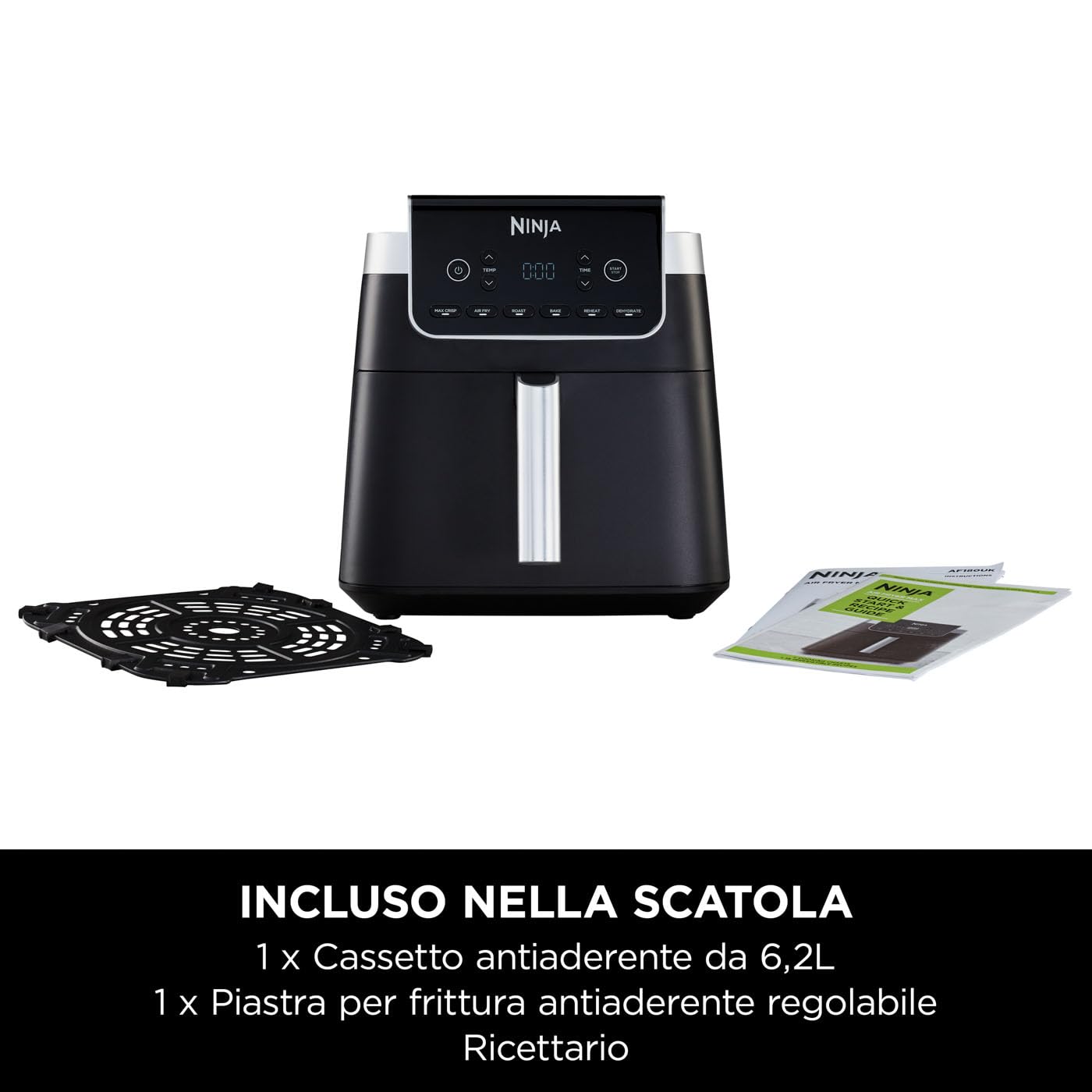 Ninja Friggitrice ad Aria MAX, 6.2L Digitale, 5 in 1, Antiaderente, Cottura Senza Olio, per Arrostire, Cuocere al Forno, Formato Famiglia, Cestello e Piastra Lavabili in Lavastoviglie, Grigio AF180EU