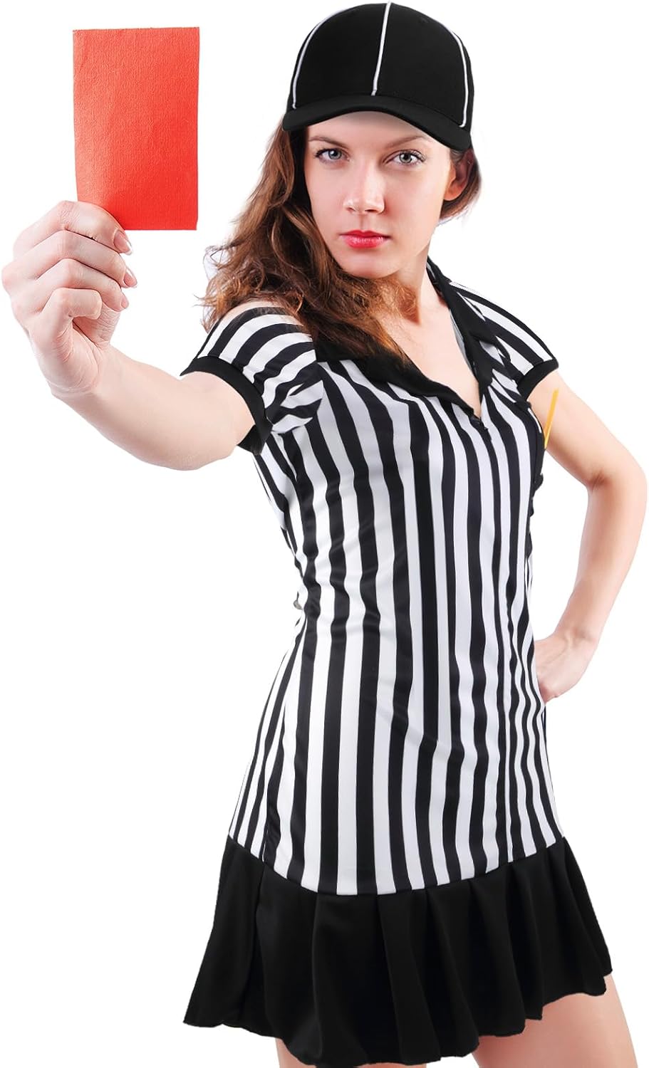 SATINIOR 5 Pcs Women Referee Costume Set Umpire Outfit Stripe Ref Shirt Hat Long Socks Whistle for Halloween Cosplay Party