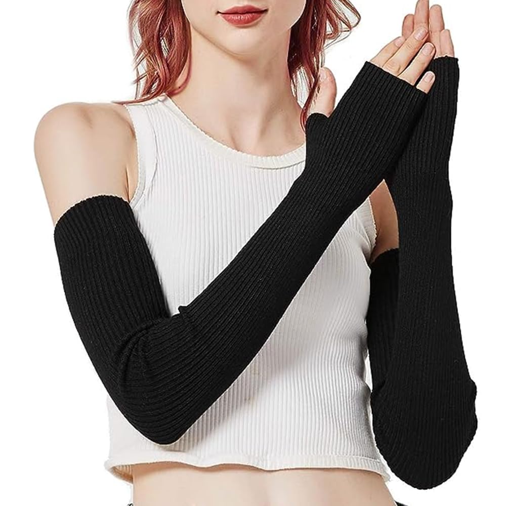 Riisoyu Women's Black Long Fingerless Gloves, Fashion Elbow Length Hand Warmers Knit Arm Warmers Mittens With Thumb Hole For And Men