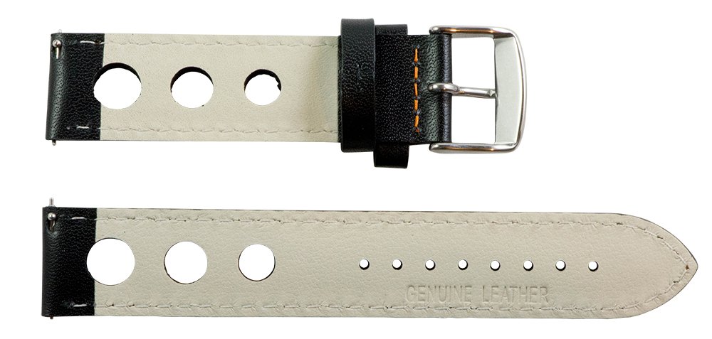 Clockwork Synergy, LLC 22mm Rally 3-hole Smooth Black/Orange Leather Interchangeable Replacement Watch Band Strap