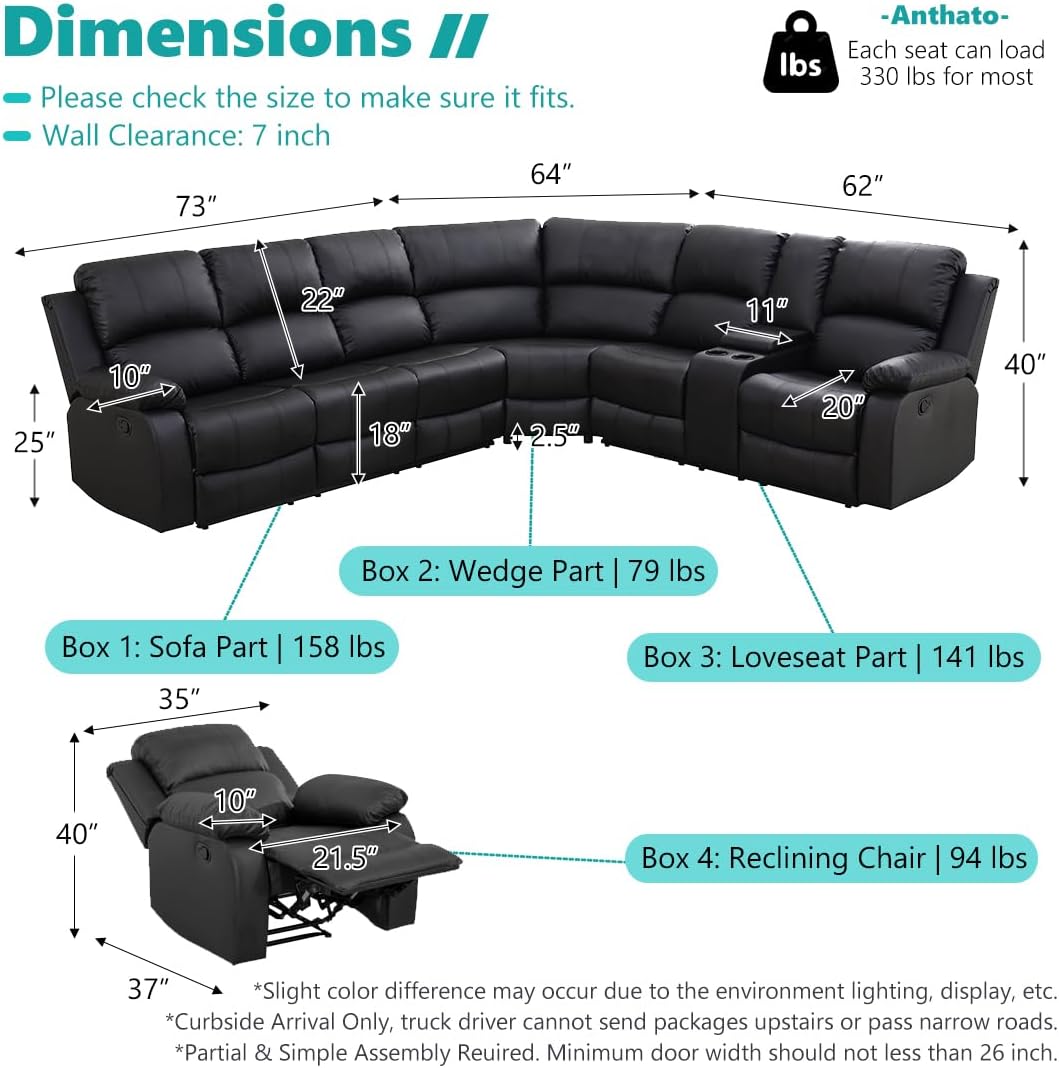 Faux Leather Reclining Sectional Sofa Set, Living Room Furniture Sets, L-Shaped Sectional Couch & Chair, 7-Seat Manual Recliner Couch with Coffee Table/Cupholders/Storage for Home/Office,Black