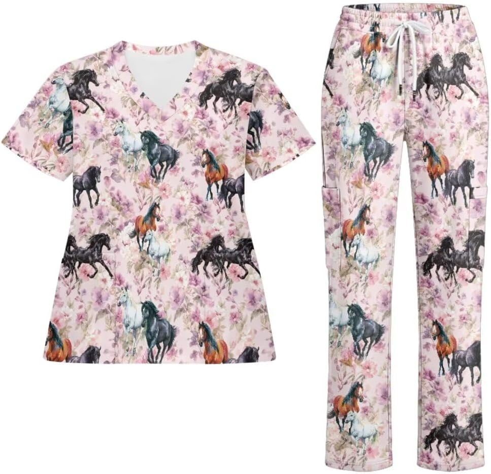 Scrubs for Women Set - V-Neck Top and Pants with Pockets Nurse Uniform Fun and Comfortable Workwear