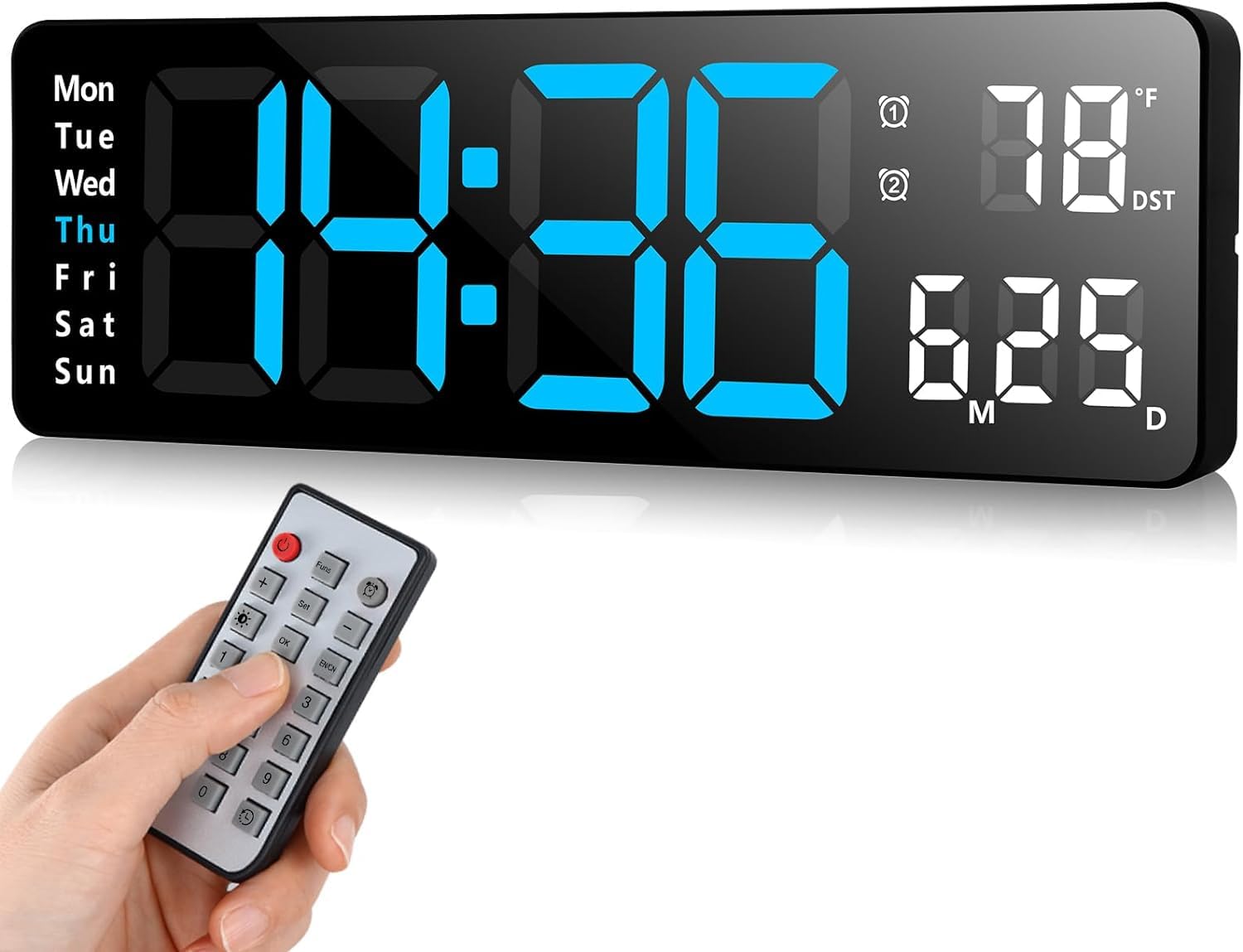 Fuloon Horloge Murale Numérique LED avec Télécommande Positif Compte à Rebours Luminosité Réglable Pendules Murales pour Salon Cuisine Bureau Gymnase (13 Pouces, Bleu)