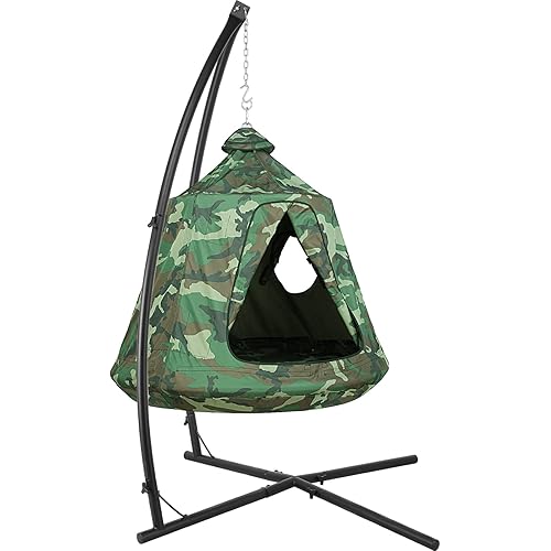 AthLike X-Shaped Hanging Tree Tent w/Swing Chair,Hammock Chair Stand Canopy w/Steel Frame,Indoor Outdoor Egg Basket Patio Seat w/Adjustable Solid Stand,Bedroom Porch Balcony Garden 330lb (Camouflage)