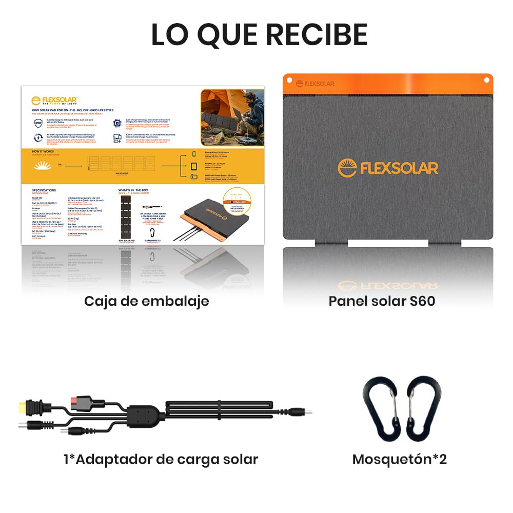 Paneles Solares 60W Cargador Solar Plegable Portátil IP67 Impermeable Fuente de Alimentación de Emergencia Campamento