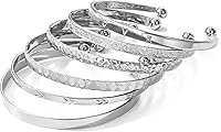 17IF Silver Bangle Bracelet Set for Women - 14K Plated 6pc Stackable Boho Cuff Bangles, Adjustable Chunky Textured Punk Jewelry Gift