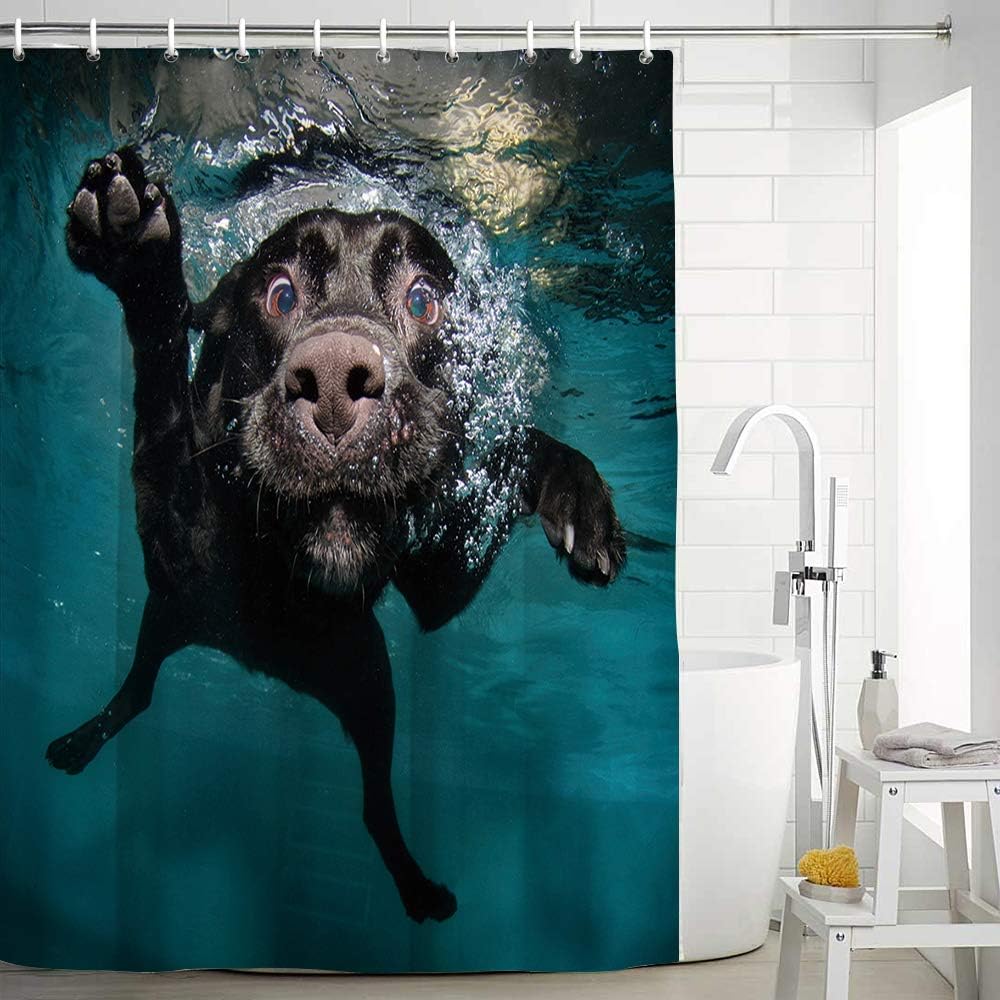 Bathroom Shower Curtains Swimming Dog Shower Curtain with Reinforced Buttonholes Blue Water with Labrador Dog Bath Curtain, Durable Fabric Waterproof Bathroom Curtain with 12 Hooks, 70" W × 70" H