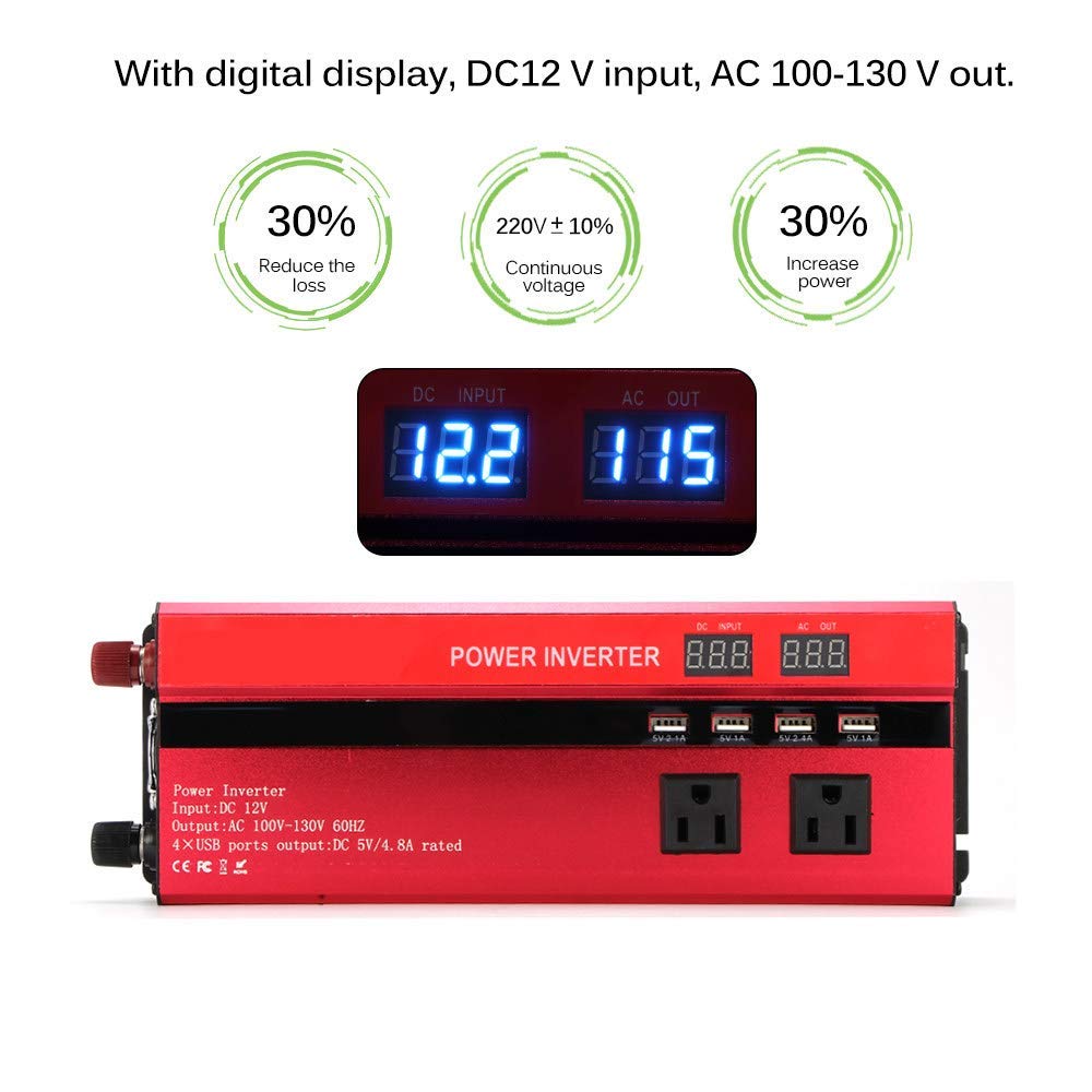 Przetwornica napięcia samochodowego 2000 W, konwerter napięcia DC na AC z wyświetlaczem LCD, 4 interfejsy USB, 3 gniazda AC, podróże i kempingi, 24 V na 220 V