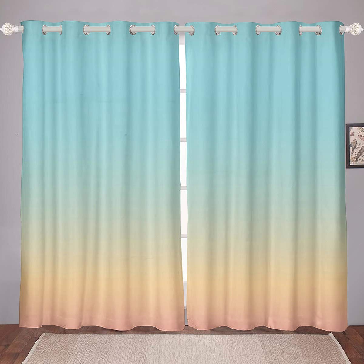 Loussiesd Girls Blackout Curtain for Bedroom Light Blue Yellow Room Darkening Curtain for Woman Stylish Gradient Thermal Curtain Hypoallergenic Microfiber Blackout Drapes,W66*L90 Inch,2 Panels