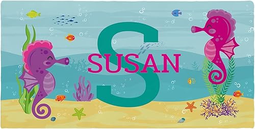 Miniatura 2 de Toalla de playa personalizada con nombres, Sea World Sea Horse Toallas de playa personalizadas para niños, toalla de playa de microfibra absorbente