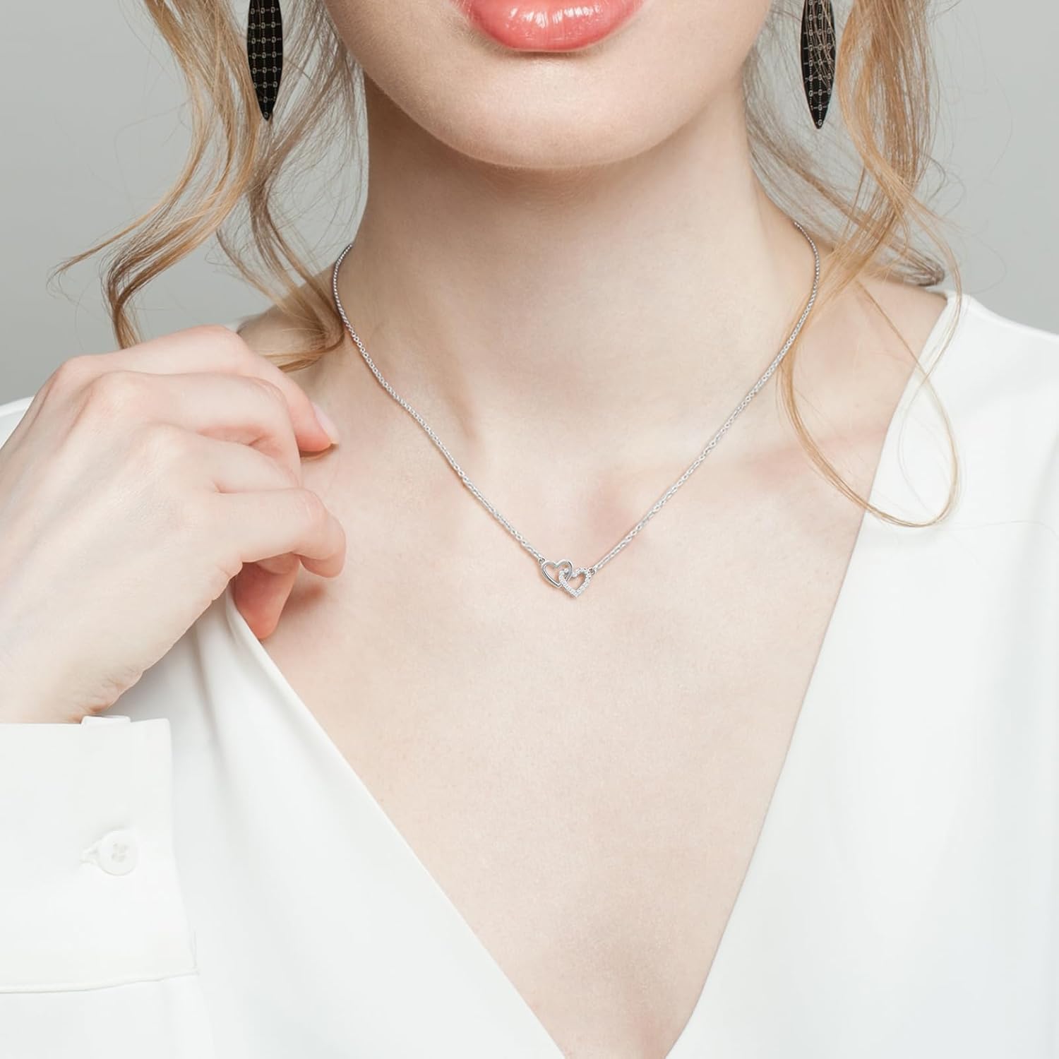 Tiny Double Heart Necklace Small Sterling Silver Cubic Zirconia Cute Dainty Love Pendant Heart Necklace for Women - Image 3