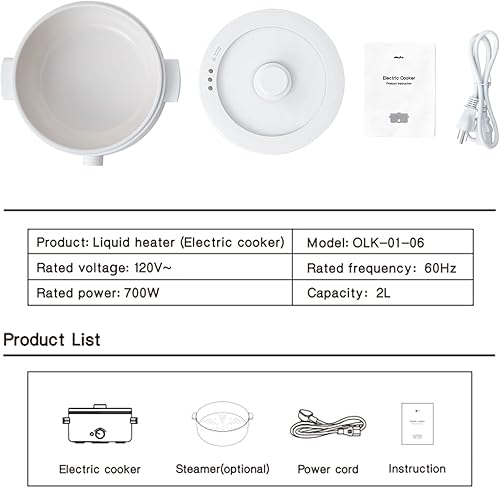 Miniatura 8 de Olla eléctrica de 2 L, sartén antiadherente de cerámica esmaltada, olla caliente portátil con doble ajuste de potencia, cocina eléctrica para