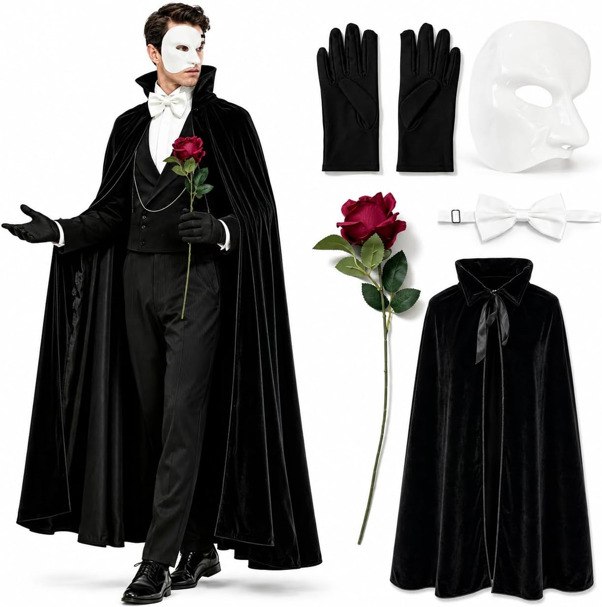 Opera Costume Set for Men, 5Pcs Masquerade Costume Accessories Velvet Cloak Rigid Half Face Mask Faux Rose, Gloves and Bowtie for Prom Dinner and Halloween
