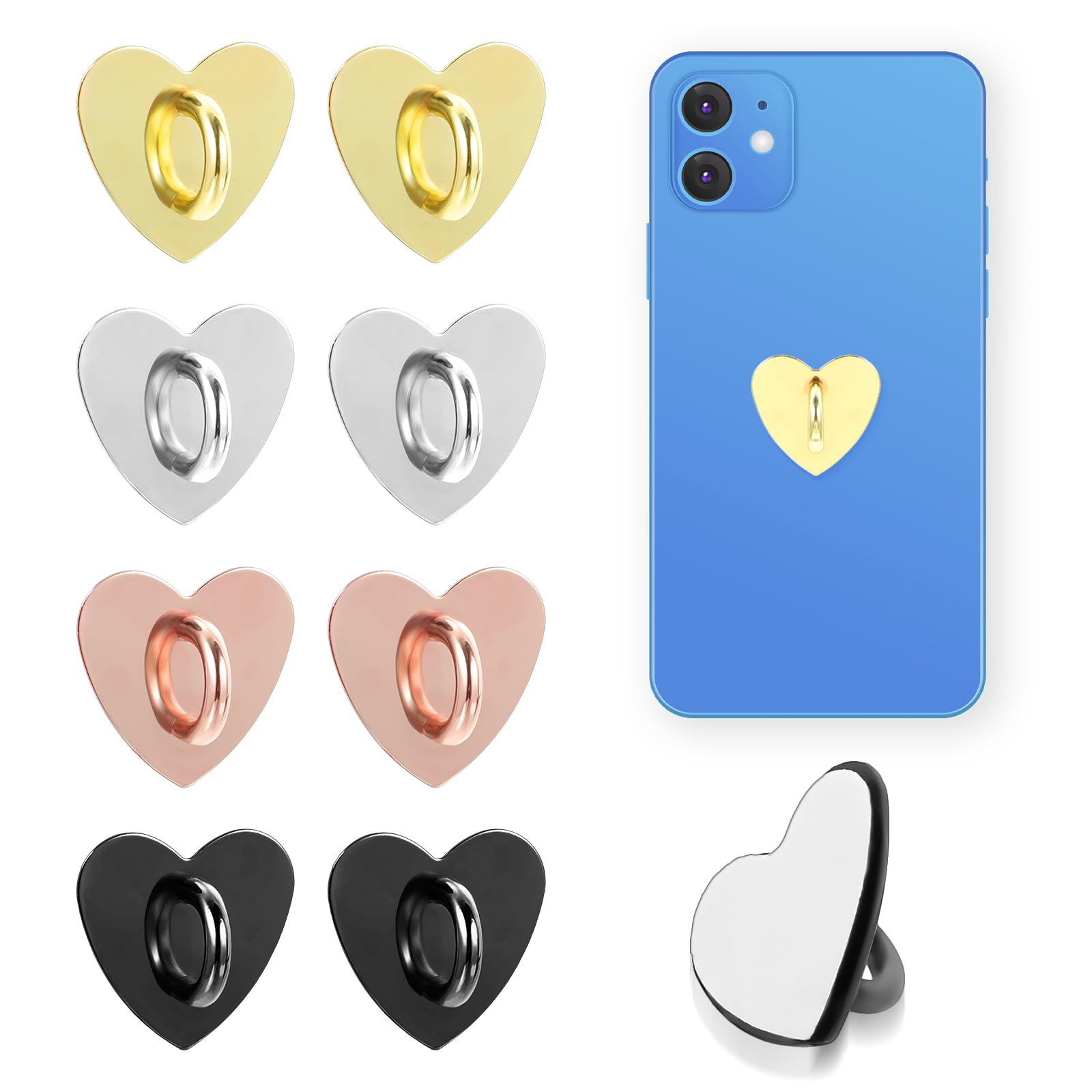 12 Anelli Porta Cellulare A Forma Di Cuore - Adesivi In Metallo Colorati Per Smartphone E Tablet, Supporto Reggi Dito - 2