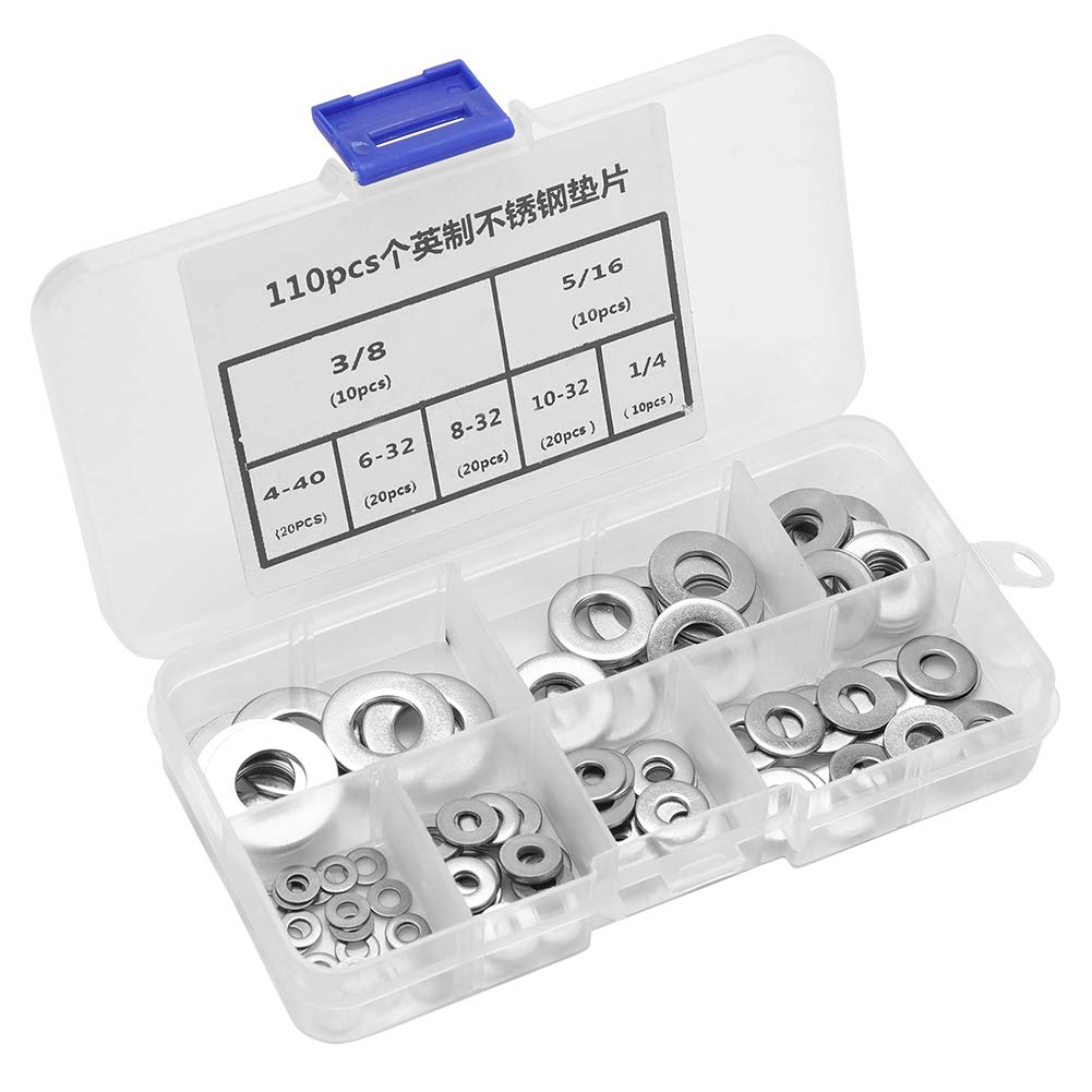 NIBEMINENT 110pcs Imperial Standard Stainless Steel Flat Washer Plain Washers Assortment Kit with Box