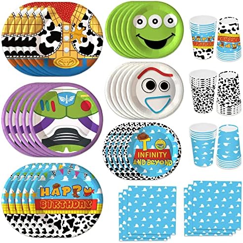 120pcs Toy Birthday Party Supplies Story Paper Plates Napkins Disposable Party Decorations Cartoon Cups for Boys Girl Birthday Decor for 30 Guests