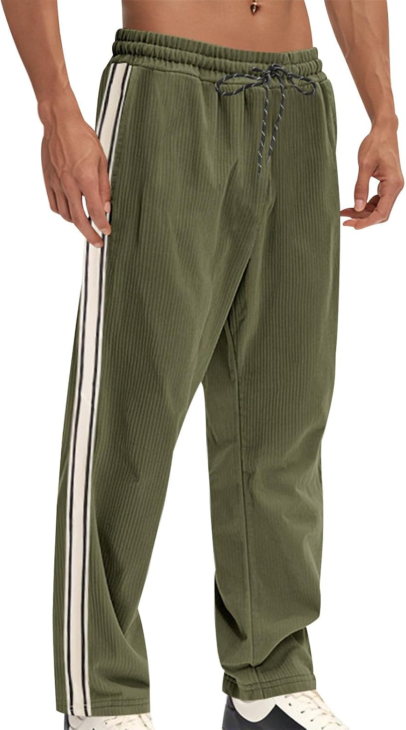 Mens Casual Sweatpants Lightweight Drawstring High Waisted Workout Palazzo Side Striped Wide Leg Pants with Pockets