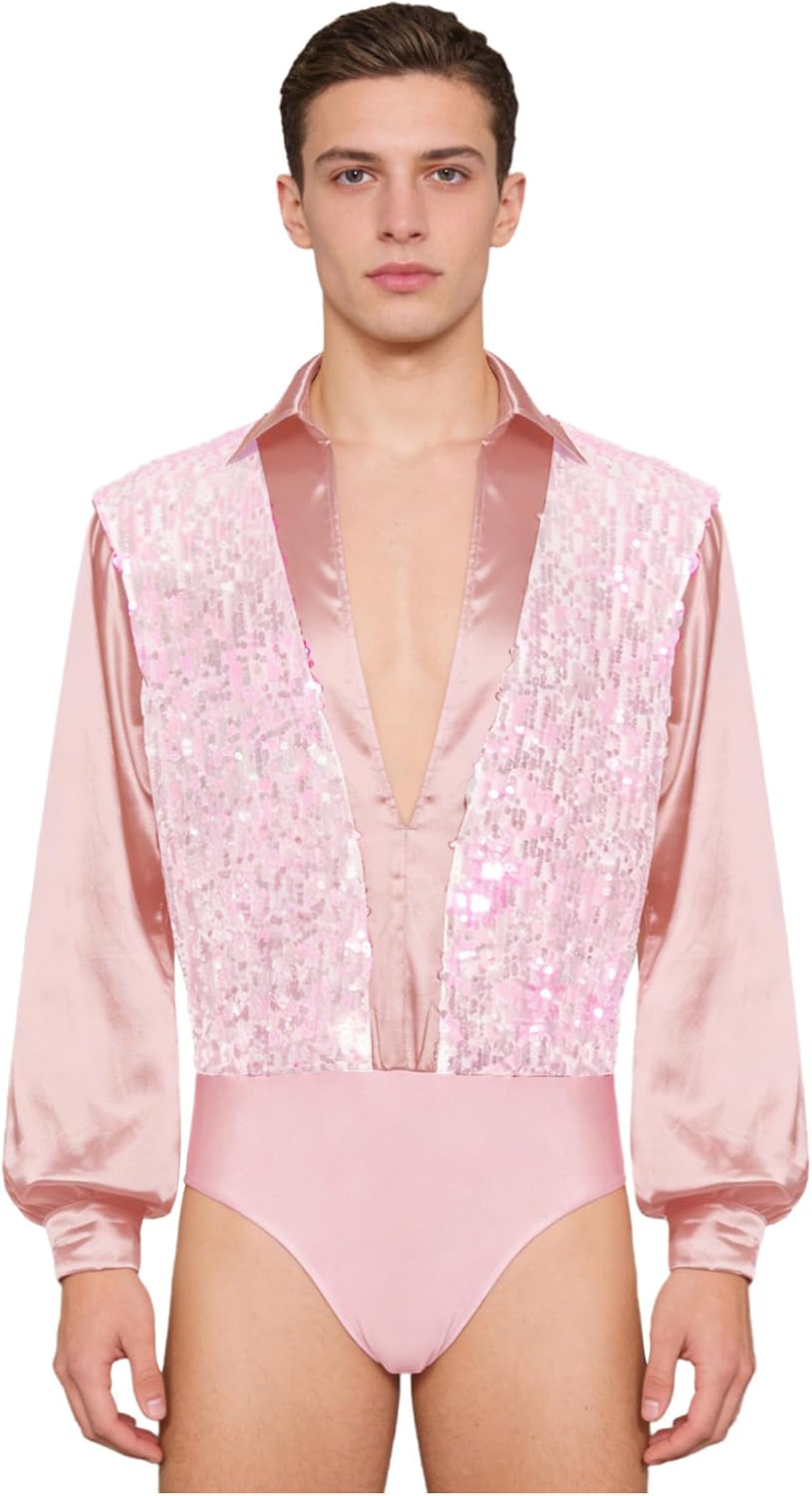 MSemis Sequin Latin Dance Costume for Men Long Sleeves V Neck Figure Skating Dance Bodysuit Top Shirt