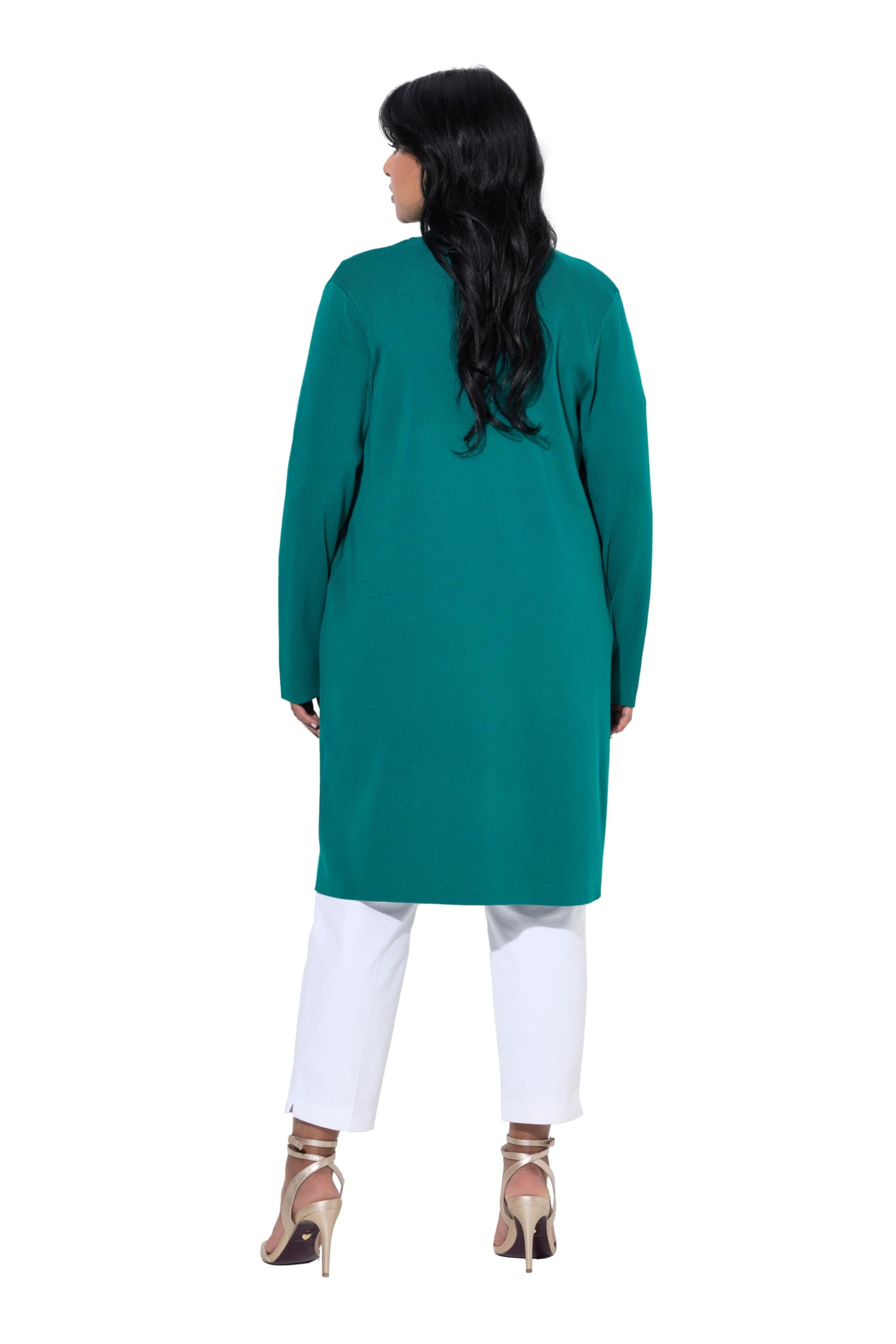 Ulla Popken damska kurtka z dzianiny, duże rozmiary, plus size, długa, otwarta forma, miękka dzianina, Zielononiebieski., 54-56