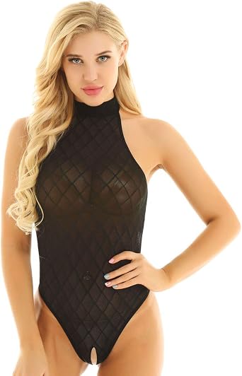 TTAO Womens See Through Mesh Plaid Swimwear Turtleneck Open Crotch Leotard Bodycon Bodysuit Tops
