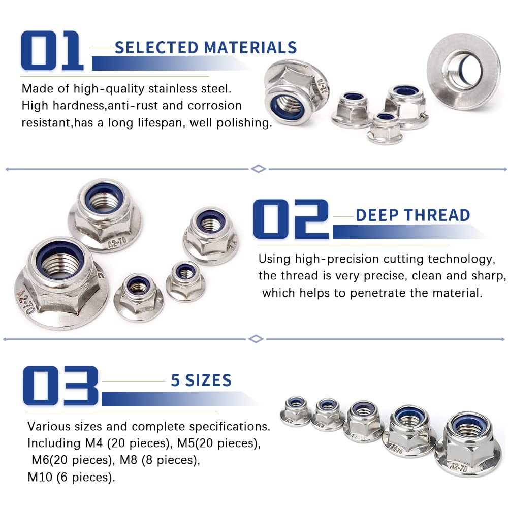 Flange Nylon Inserted Lock Nuts Assortment Kit,304 Stainless Steel DIN985 Flange Locknuts M4-M10,Bright Finish for Furniture Machinery Industry Fasteners,74Pcs