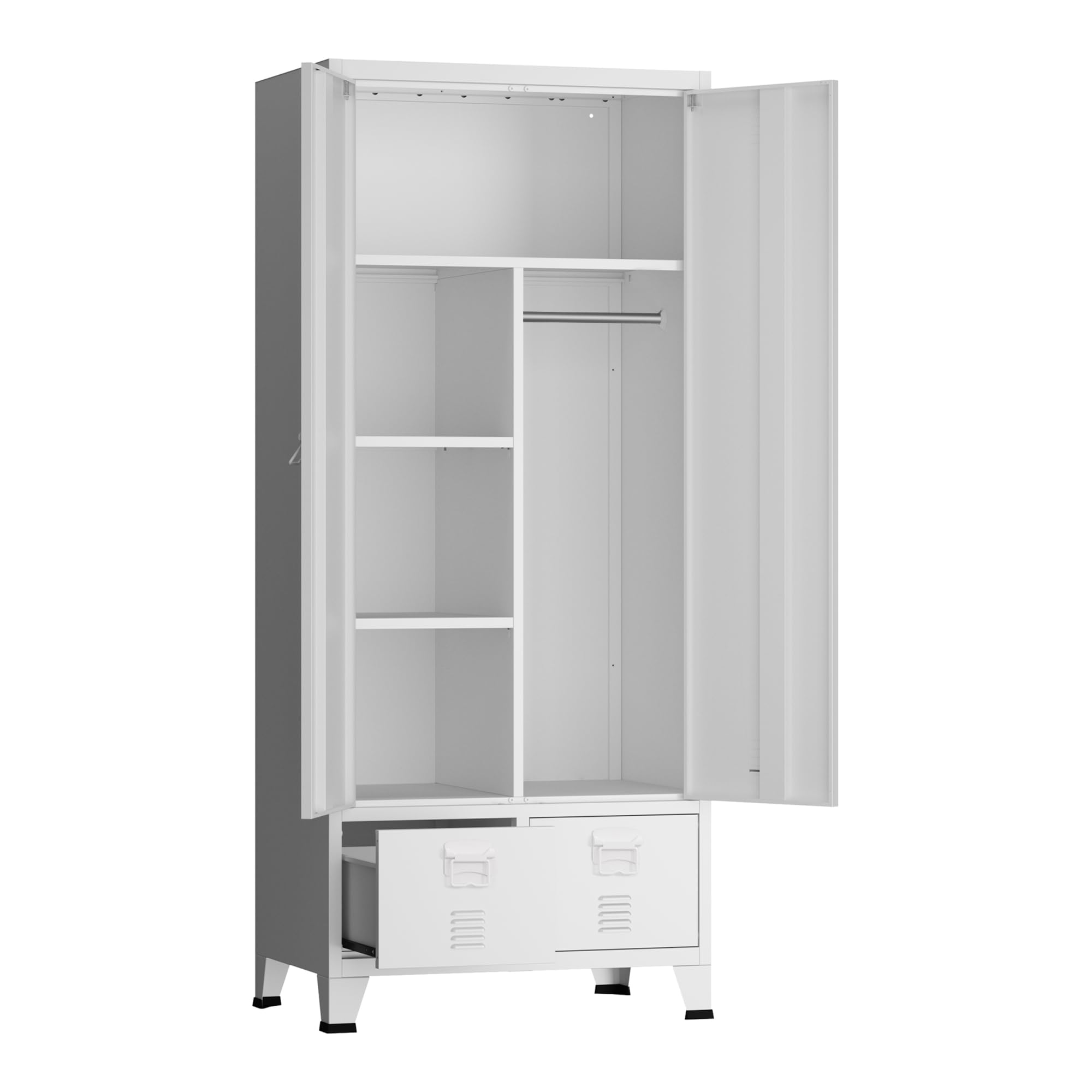 [en.casa] Armoire de Chambre Style Industriel Penderie à 2 Portes avec Étagères et Tiroirs Meuble de Rangement pour Dressing Chambre Salon Acier 180 x 90 x 40 cm Blanc