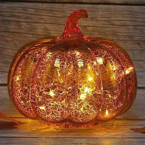 Fall Decorations for Home,Mercury Glass Pumpkin Lights with Timer(Gold)