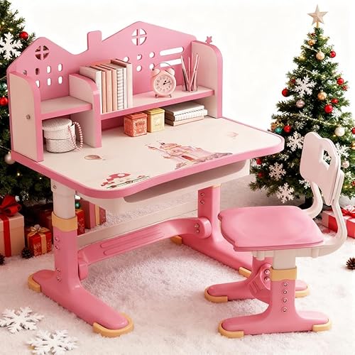 Miniatura 8 de Juego de escritorio y silla de aprendizaje para niños, juego de escritorio rosa ajustable en altura con cajones y compartimentos de almacenamiento,