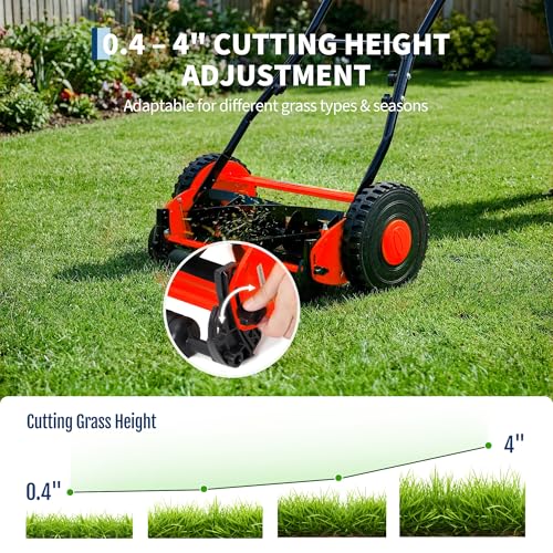 16" 5-Blade Push Reel Lawn Mower, Manual Push Mower with Adjustable Cutting Height, Compact Lawnmower for Small to Medium Yard and Field, Lightweight Hand Reel Push Mower, Red by Garvee - Used condition - Image 4