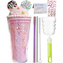 Unicorn Travel Tumbler with Straw Chocolate Ice Drinking Cup Milk Coffee Mug Plastic Cup for Picnic Party Birthday Gift ice cream cookie ear li pink, 450 ml