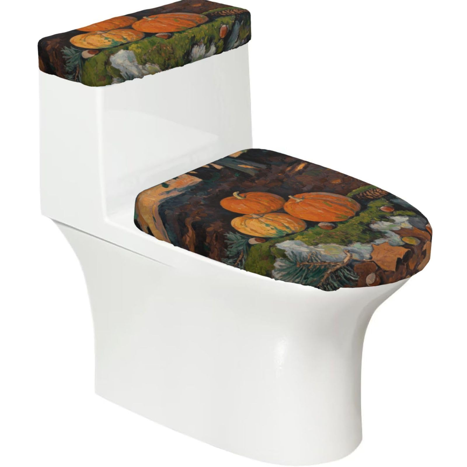 FekiLoot Leaves Pumpkin Toilet Lid Cover and Toilet Tank Cover Set of 2,Dust Splash Resistant Toilet Top Covers Soft Washable Toilet Lid Seat Cover for Bathroom Office Home Decor