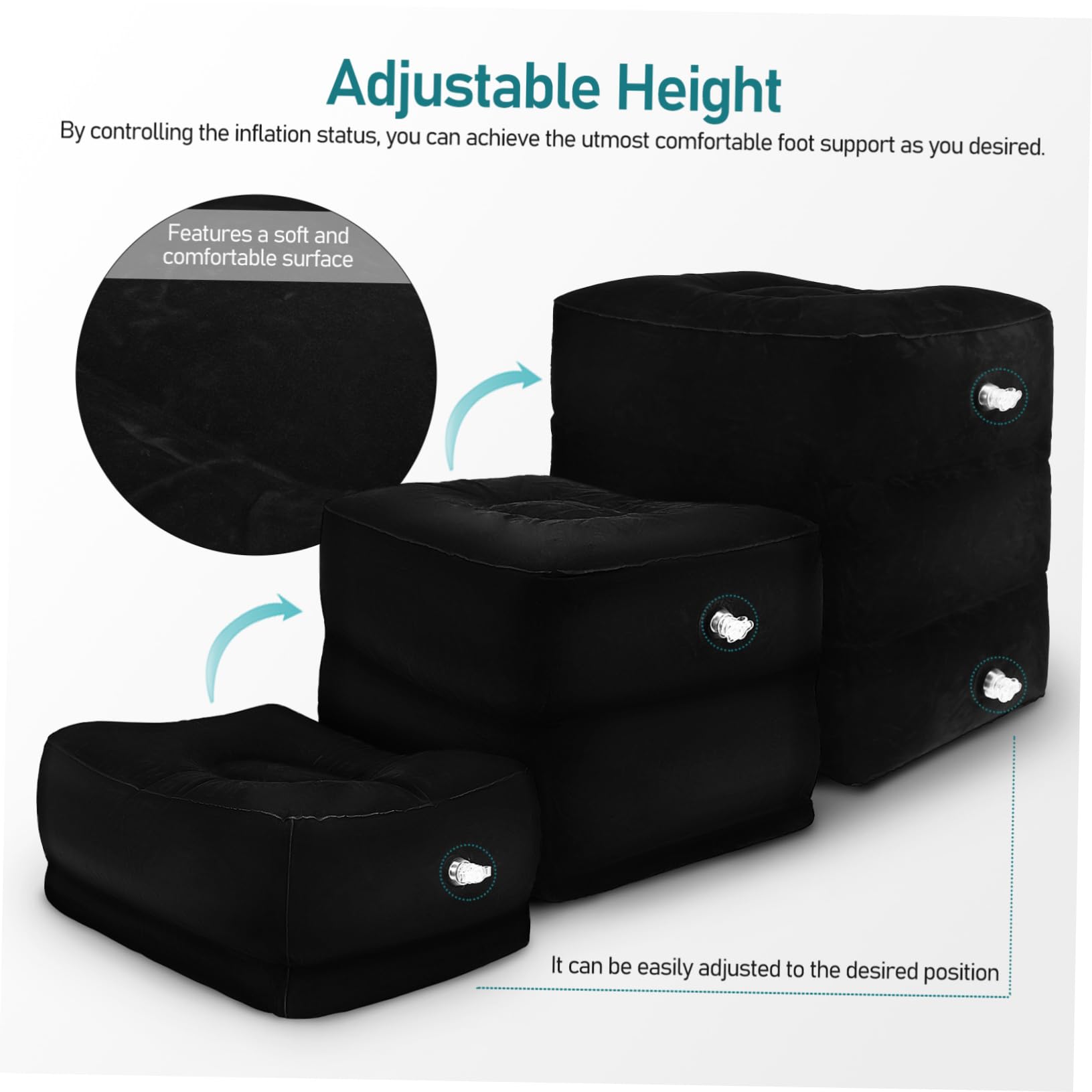 Toyvian Reposapiés Inflable Portátil para Viajes, Pvc Negro, Doble Válvula y Textura Suave, Adecuado para Avión y Coche