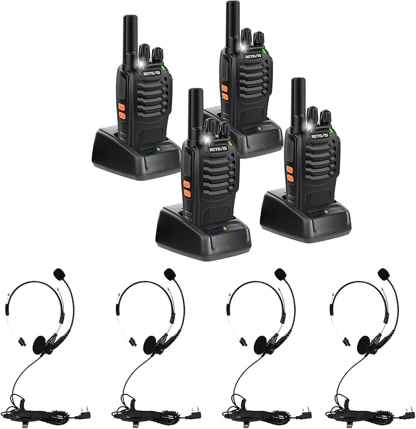 Retevis H-777 Walkie Talkies(4 Pack) with Two Way Radio Headset(4 Pack), 2 Way Radio Long Range, Handheld Two Way Radios for Adults, Short Antenna, LED Flashlight, Emergency Alarm 16 Channel