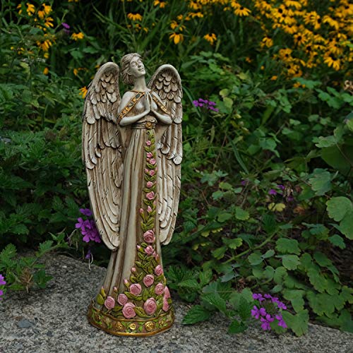 Bella Haus Design Angel Garden Statue 13.5” Tall - Poly Resin Angel Praying Statues Pink Roses & Flowers Figurines For Outdoor, Indoor, Back Yard - #TOP2