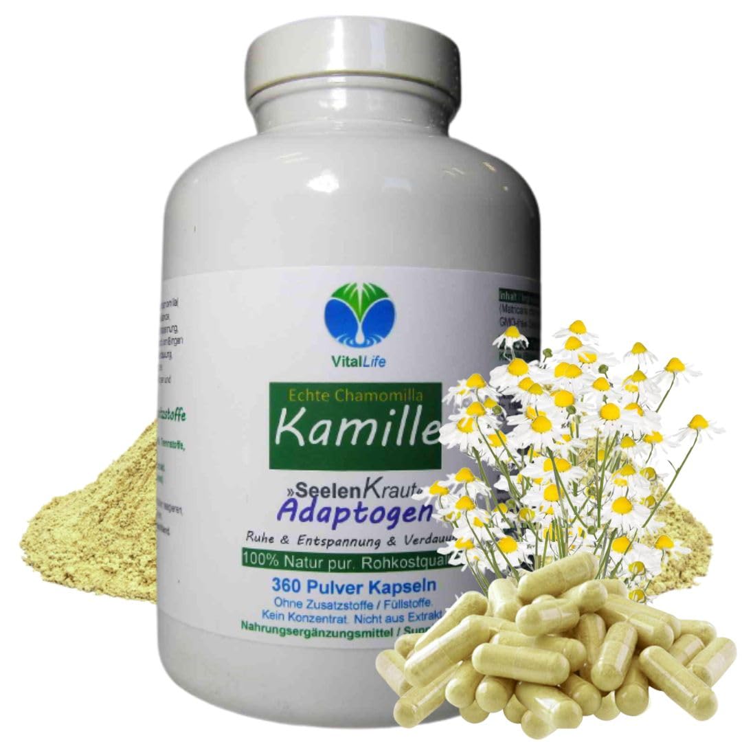 Echte KAMILLE Chamomilla Kamillenblüten 360 Kapseln - MAGEN & DARM - Adaptogen + Seelenkraut für ENTSPANNUNG. 100% NATUR PUR - OHNE ZUSATZSTOFFE. 27120-360