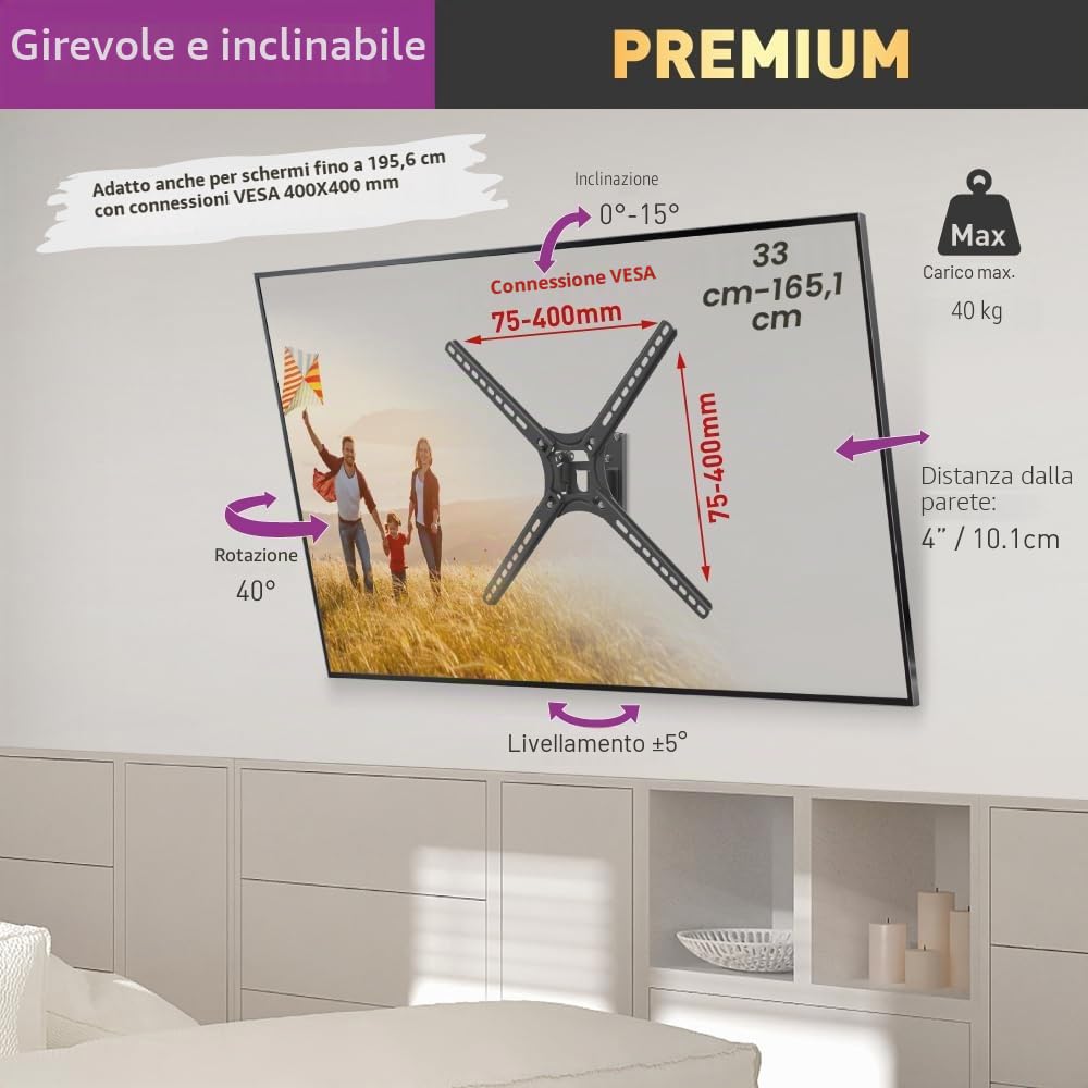 Barkan Supporto da soffitto per TV bianco lungo 97 cm, movimento completo, 3 movimenti, piatto/curvo, supporta fino a 40 kg, regolazione telescopica dell'altezza, adatto per LED OLED LCD
