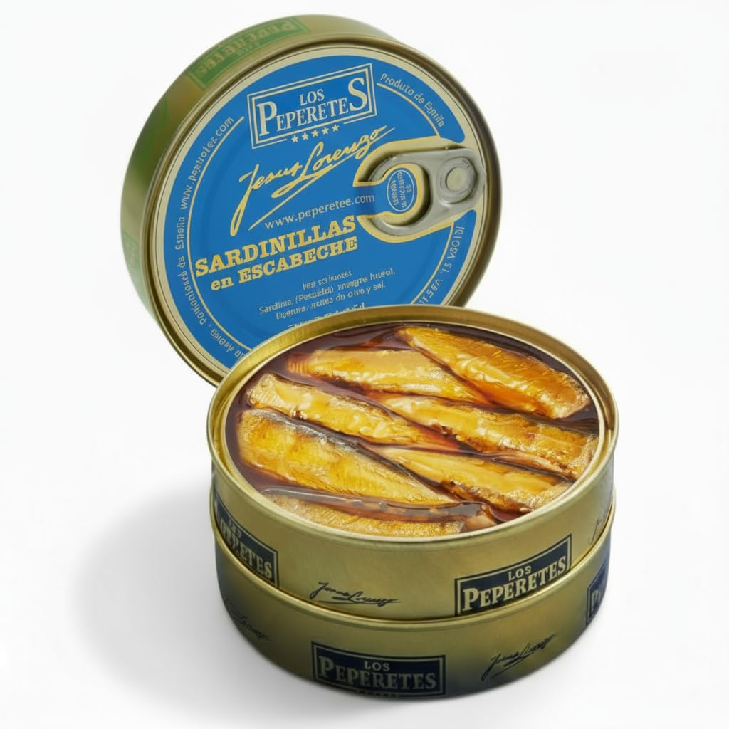 LOS PEPERETES Sardinillas Escabeche Sardinen in Escabeche 120 g | Kleine Gourmet-Sardinen | Handwerkskonserve in Olivenöl und Essig | Atlantischer Blaufisch | Traditioneller Geschmack aus Galicien