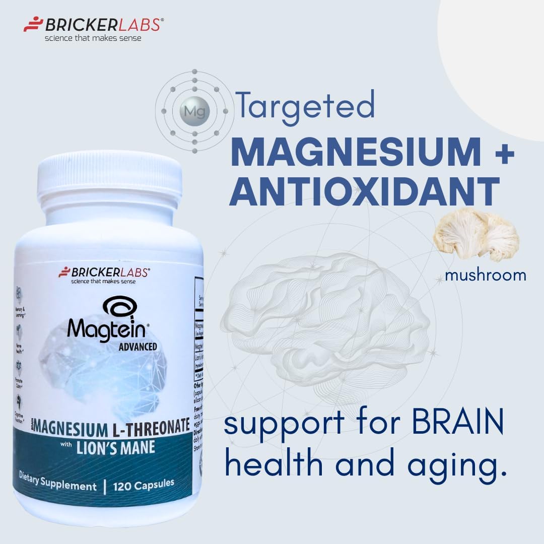 Bricker Labs Magtein® & Lion’s Mane-Advanced Magnesium L-Threonate Formula for Brain Health, Memory & Focus-Cognitive Support Supplement, 120 Capsules