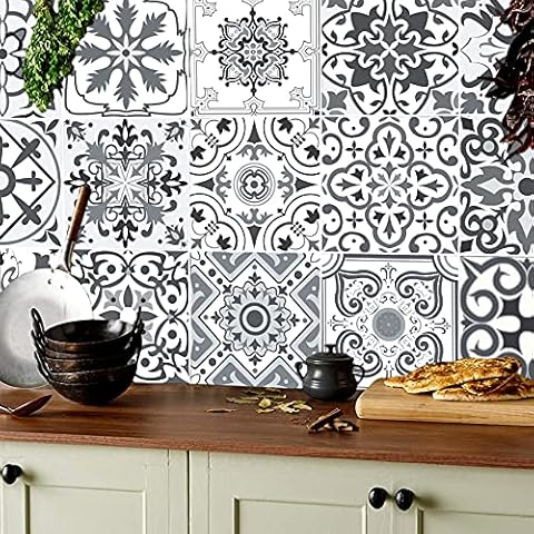 KAIRNE 15cm(6") 30 pcs Moroccan Tile Decal for Bathroom Decor, Stairs Tile Sticker, Light Grey Cement Tiles Decal Splashback for Kitchen Decor Ideas Peel and Stick Backsplash Tile Paint Cover